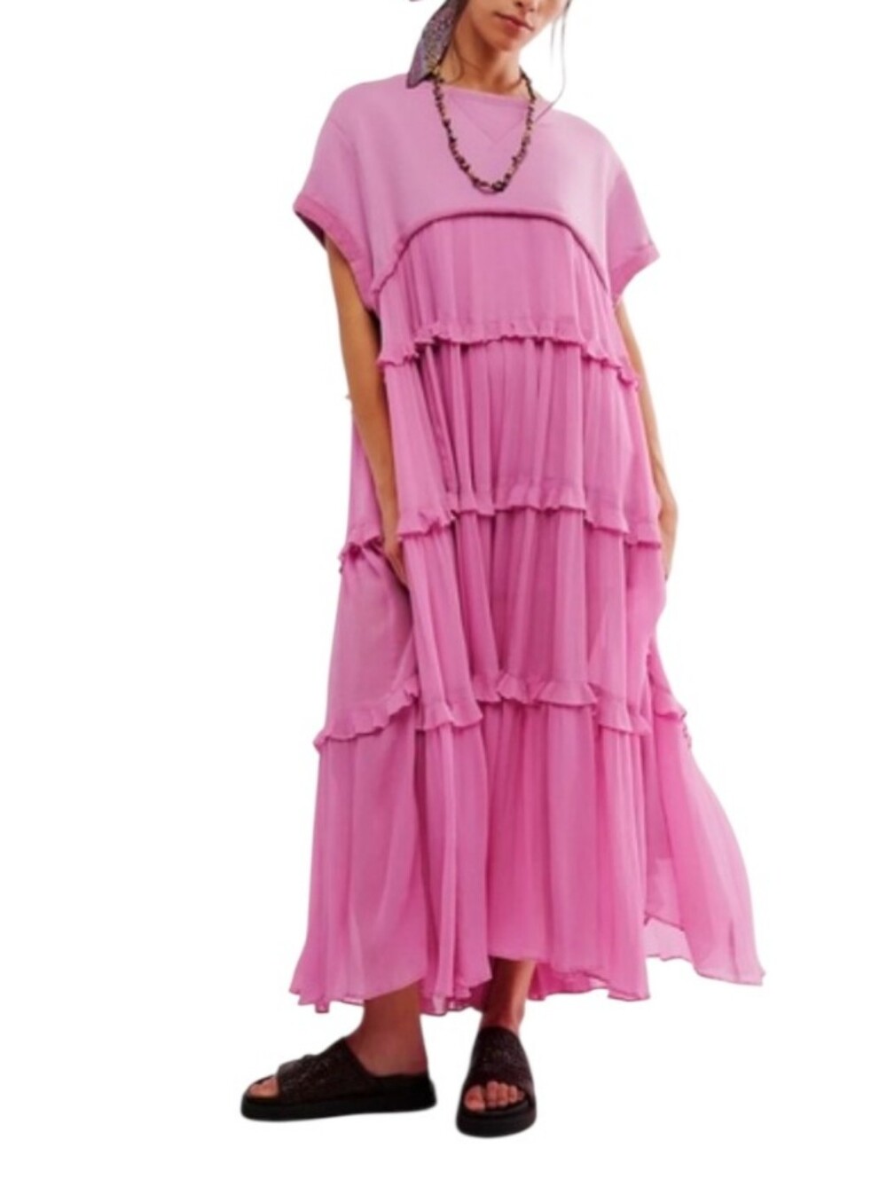 FREE PEOPLE STACY TIERED SWEATSHIRT DRESS PINK - Small
